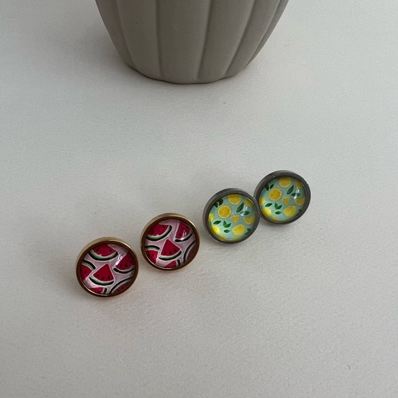 Classic Round  Fruit Stud Earring Set - Lemon and Watermelon Stud Earrings - Picture 1 of 14